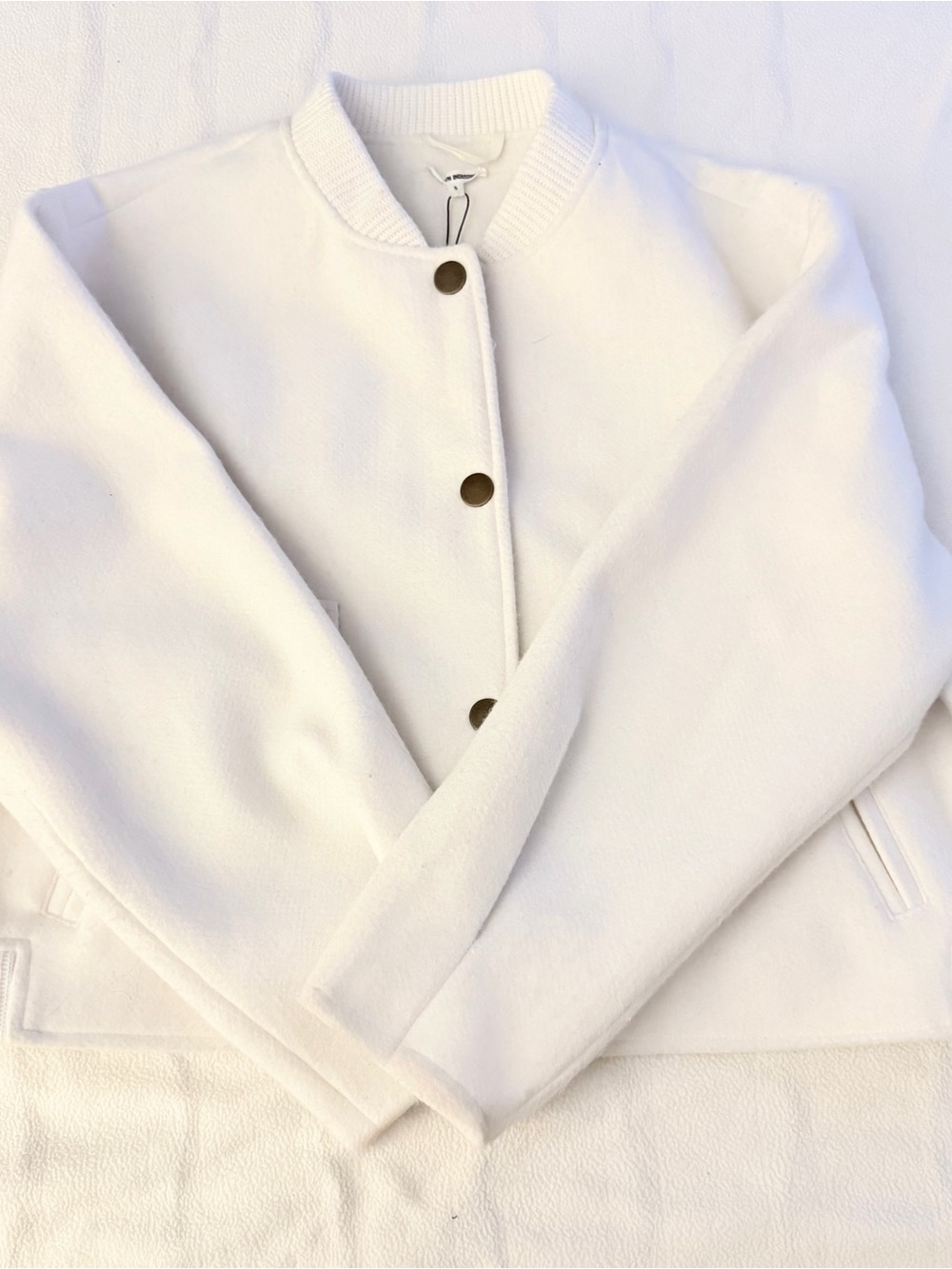 Brooklyn Industries Ivory Felt Bomber Jacket Snap Front Flap Pocket NWT Small - Picture 5 of 6